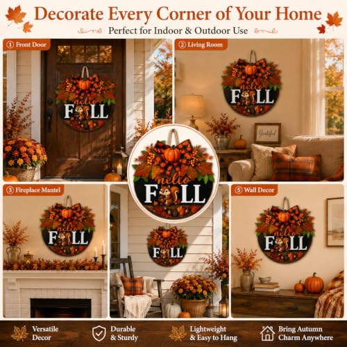 Image of Fall Wreaths for Front Door Hello Fall Squirrel Door Hanger Thanksgiving Decor (Cute Hello Fall)