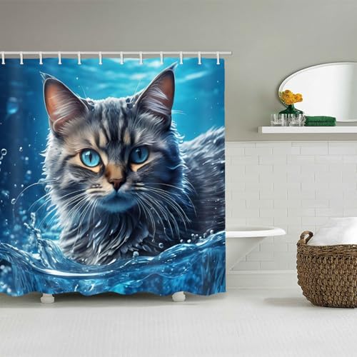 Image of LYFANS Bathroom with Sea Cat 3D Shower Curtains, Luxury Bathtub Standard Shower Curtain, Waterproof and Bright Fabric Shower Curtain Size (72x72 Inches)
