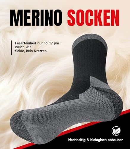 PULIOU Merino Socken Herren Damen Thermosocken Wandersocken Outdoor & Trekking-Socken, Anti-Blasen, Gepolstert Arbeitssocken Wintersocken，Schwarz 43-46