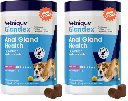 Image of Vetnique Glandex Anal Gland Soft Chew Treats with Pumpkin for Dogs Digestive Enzymes, Probiotics Fiber Supplement for Dogs Boot The Scoot (Bacon Flavor Chews, 120 Count) (Pack of 2)