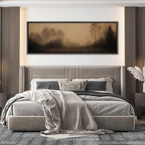 Image of MUDECOR Large Framed Canvas Print Wall Art Misty Forest Trees Moody Brown Landscape Antique Retro Ready to Hang Painting for Living Room Bedroom Multi-Sizes - 60 inchx20 inch
