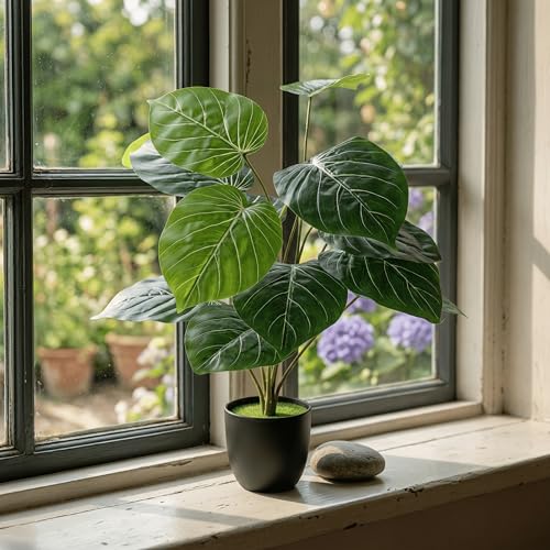 Image of Dekorly Plastic Artificial Palm Plants Leaves Faux Turtle Leaf Fake Monstera Tropical Large Palm Tree Leaves Outdoor Leaf Decorations | 26Inch Plants with Blackpot (Alocasia(White Lines Leaves))