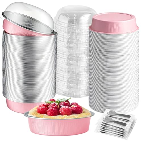 OBXMLFY Mini Cake Pans With Lids And Spoons Baking Tins For Round Small Desserts 7 Oz Aluminum Foil Baking Pans Disposable Ramekins Individual Cake Containers Holders For Tart Quiche Flan (50 Pink)
