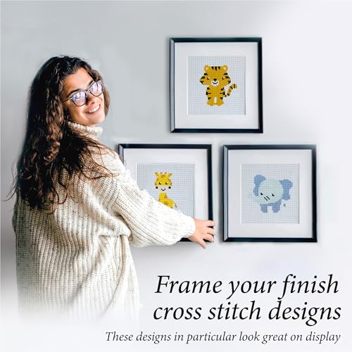 Image of Kraftex Floral Stamped Cross Stitch Kits for Beginners - 3 Pack. DIY Embroidery Needlepoint Patterns for Adults. Easy Cross Stitch Kits for Beginners (Zoo Creatures)