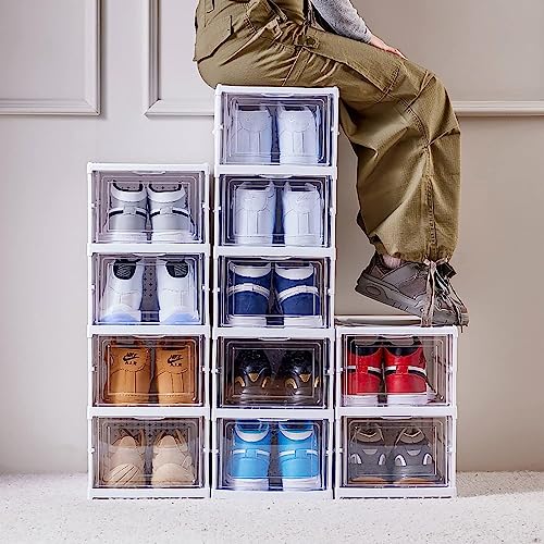 GUDEMAY Drop Front Shoe Storage Box, No Assembly Stackable Shoe Organizer Storage Bin with Clear Door, Free Standing Shoe Shelf Cabinet with Lid, Plastic Shoe Rack for Closet Entryway, 6-Tier