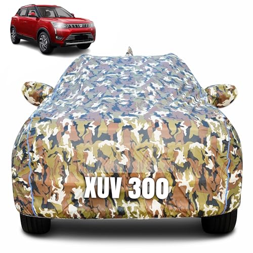 Image of 100% Waterproof Car Body Cover for Mahindra Xuv 300 (2019-2025) with Mirror Pocket (Heat & UV Resistant, Triple Stitched, Soft Lining, Bottom Elastic & Piping) Camouflage, Military Print