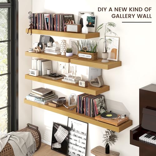 Image of 24 Inch Floating Shelves for Wall, 9 inchD Wood Storage Shelves, Oak Finish | Engineered Wood, Invisible Bracket, Large Storage, Easy Install, Hold Up to 44lbs, Living Room, Bathroom, Bedroom, Kitchen