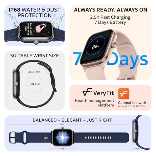Image of OCTANDRA Pulse 2 VeryFit 1.85 inch AMOLED Smart Watch - Bluetooth Answer Call Alexa Body Energy Heart Rate Oxygen Saturation Sleep Monitor Step Tracker - IP68 Fitness Watches for Men Women (GTX10) (Black)