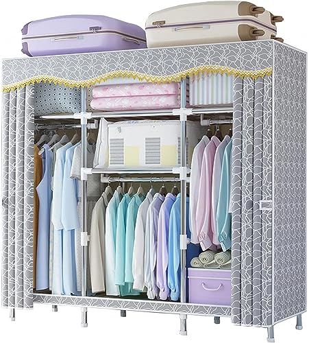 Tela portátil, armario con estantes y 2 rieles colgantes, ahorro de espacio, armario para dormitorio, ideal para temporales, almacenamiento de prendas