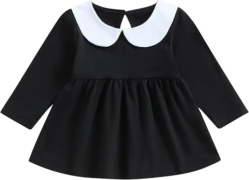 Lamuusaa Vestido de Halloween para niña pequeña, vestido de manga larga negro con cuello de muñeca, vestido acampanado para Halloween