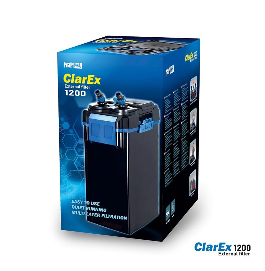HAPPET ClarEx 1200 Filtr Kubełkowy do Akwarium 300–500 l, Filtr Zewnętrzny Akwariowy 1200 l/h, Cichy Filtr do Akwarium, Filtracja Mechaniczna i Biologiczna, Regulacja Przepływu, CO2 Ready