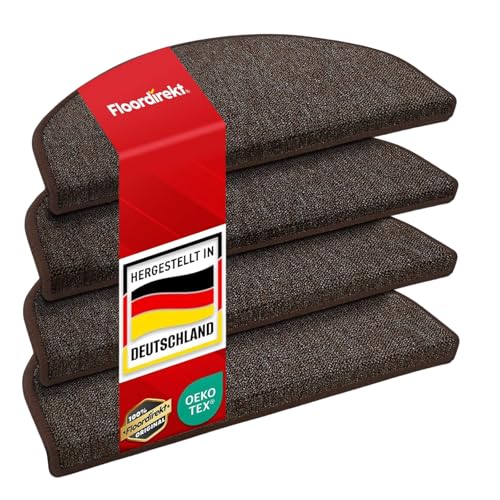 Floordirekt 15x Treppenstufen Matten, Stufenmatten innen für Treppe, Treppenteppich, selbstklebend, Teppich für Treppenstufen, Treppenschutz, Stufenteppich (London, Dunkelbraun, 65x23 cm, Halbrund)