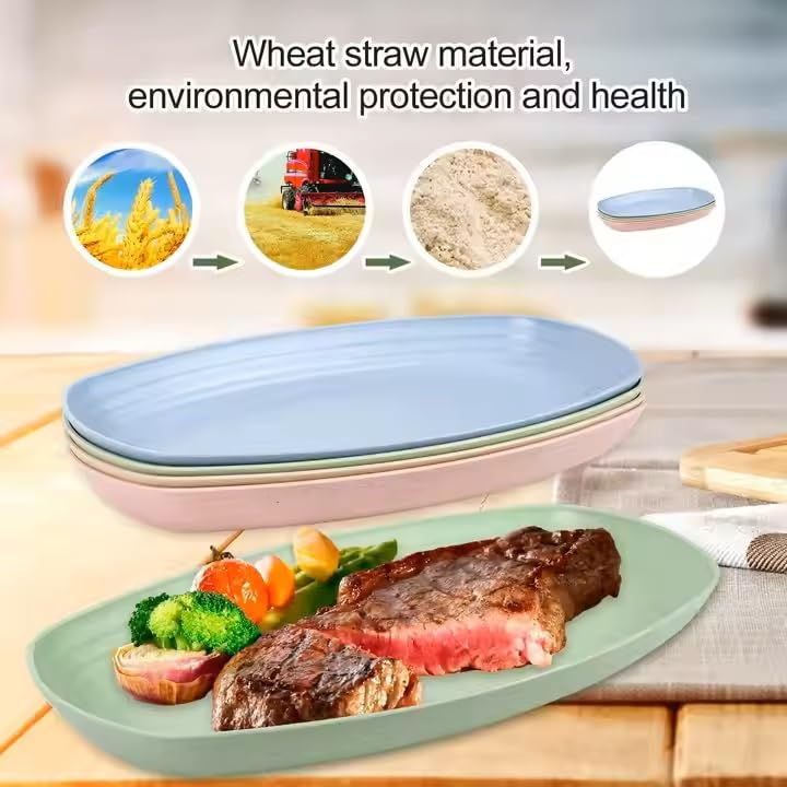 Image of Eco- Friendly Reusable Lightweight Microwave Safe Unbreakable Wheat Straw Oval Shape Plate Set,Vegetable Plate,Serving Snack Dish Set Used in Restaurant,Home,Picnic Camping (Pack of 4)