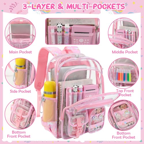 Image of Clear Backpack, 17 inch Large Clear Bookbag with Cute Pin Accessories, Double Layer Heavy Duty See Through Backpack for School College Work Stadium Travel