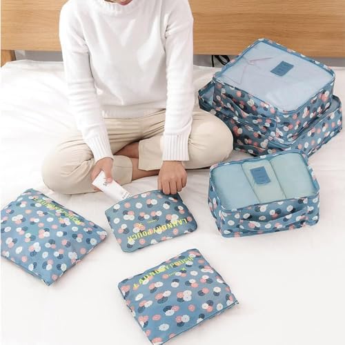 Image of Travel Organizer Pouch Set of 6, Space Saver Packing Cubes for Suitcase, Clothes, Underwear, Socks and Shoes (BLUE FLOWER)
