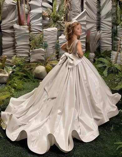 Satin Flower Girl Dresses for Wedding Lace Applique First Communion Dress Princess Pageant Ball Gown WT083