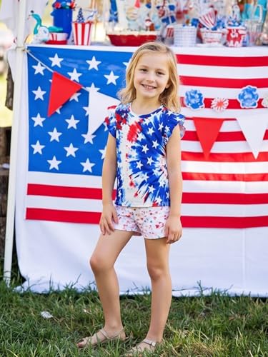 Image of Toddler Girls July 4th Shirts American Flag Ruffle Short Sleeve Patriotic Red White Blue Star Outfits Blouse Tops