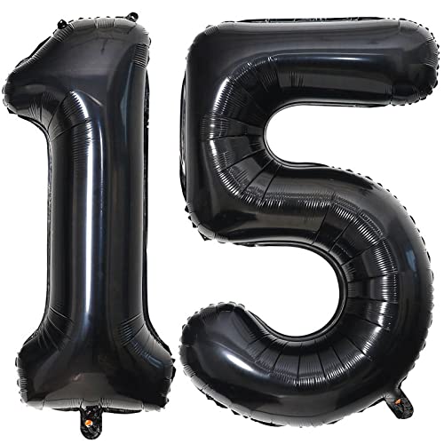 Image of 40 Inch Black 15 Number Balloons Giant 15 Balloons Black Birthday Balloons 15th Birthday Anniversary Events Party Decorations Supplies