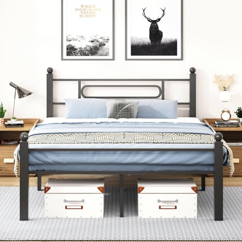 Gohapnis Black Metal Full Size Bed Frames with Headboard Heavy-Duty Metal Slats Support Easy to Assemble 12in Under Bed Storage Space No Box Spring Needed Tool Free for Adult/Man/Kid