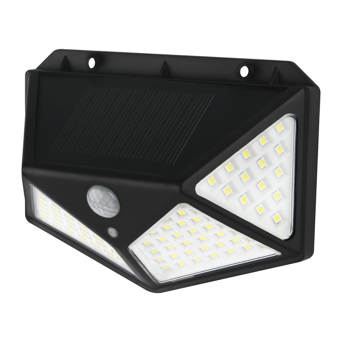 Luce LED solare da 5 W con sensore, colore nero, ideale per illuminazione esterna e risparmio energetico.