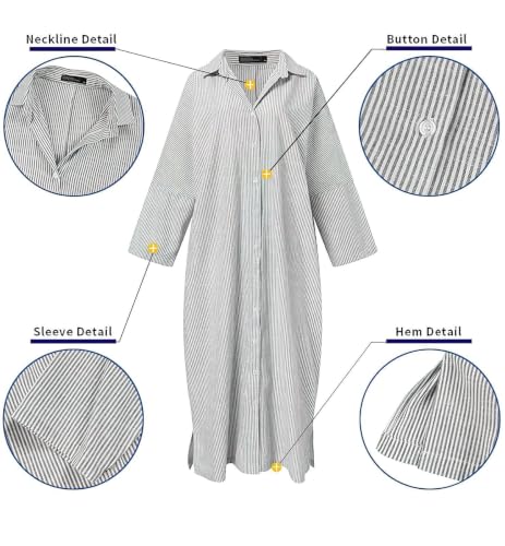 Image of ebossy Women's Oversized Boho Striped Shirt Dress Button Up Long Sleeve Flowy A Line Caftan Dress with Pockets