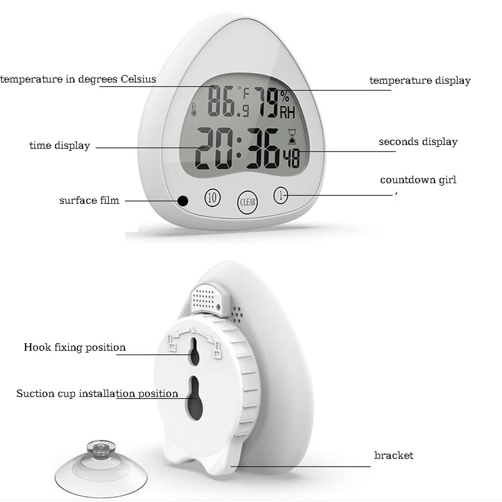 Ciche wodoodporne elektroniczne zegar ścienny w łazience Przeciwmienne kubek ssący temperatura i czujnik wilgotności cyfrowy budzik (Color : Bianco)