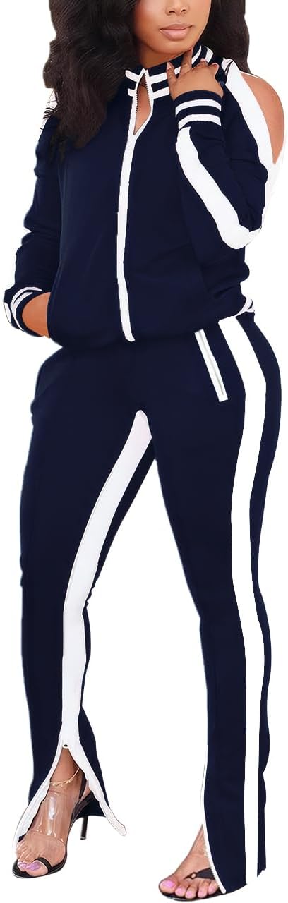 Women Casual 2 Piece Outfit Long Pant Set Sweatsuits Tracksuits, Bd Navy White, Medium