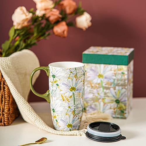 DUSVALLY Ceramic Mug Large Coffee Cup Tall Mugs Porcelain Latte Tea Cup with Lid 17oz,Daisy - Image 2