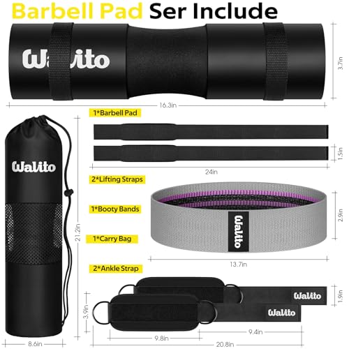 Image of WALITO 8Pcs Barbell Pad Set for Hip Thrust - Squat Pad,Gym Accessories for Women with Bar Bad,Bench Press, with Gym Ankle Straps,Resistance Bands for Working Out,Lifting Strap,Carry Bag