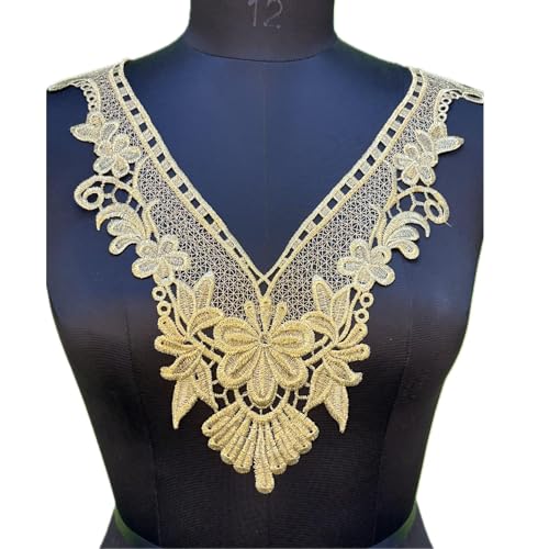 Image of Embroidered Colorful Neckline Design Sewing Neck Applique with, Sew On Patch Neck Applique Dress Motif Applique (Golden)