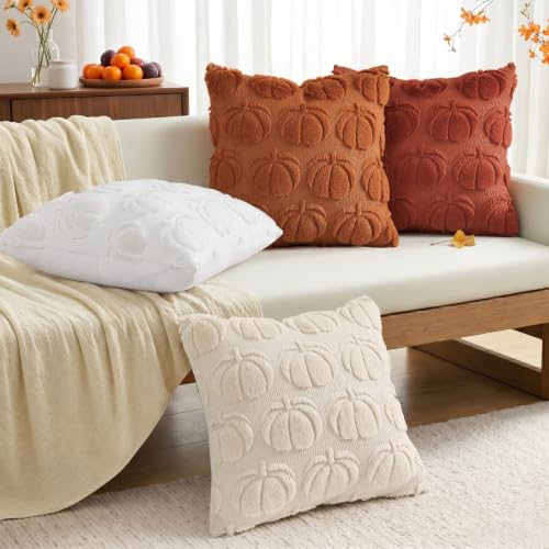 Image of decorUhome Fall Decorative Beige Pumpkin Throw Pillow Covers 18x18 Set of 2, Soft Faux Fur Plush Farmhouse Accent Pillow Cases for Couch Bed Sofa Autumn Harvest Halloween Holiday Home Decor