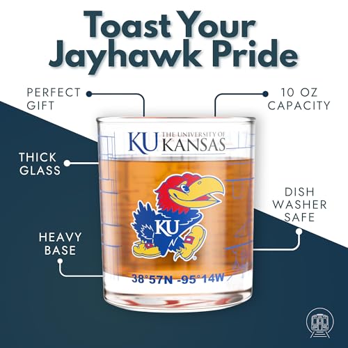 Image of Greenline Goods - University of Kansas Jayhawks College Whiskey Glasses (Set of 2), 10 oz - Full-Color Logo + Campus Map