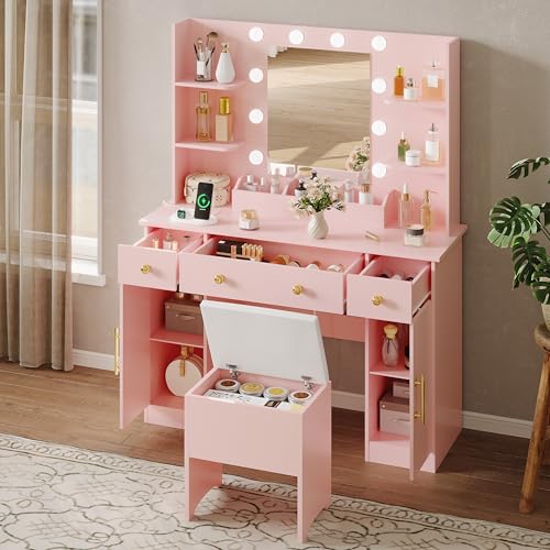 Image of HUANLEGO Vanity Desk with Mirror and Lights,Pink Makeup Vanity with Charging Station & Vanity Stool, 3 Drawers and Cabinets White Vanity Mirror with RGB LED Lights Vanity Desk and Chair for Women