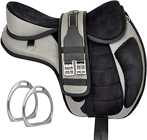 Sella per cavallo inglese Freemax senza albero sintetica con circonferenza abbinata e staffe in alluminio Set coppia (Sedile da 14 pollici, Grigio)