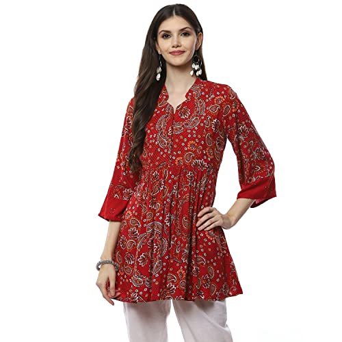 Image of BIBA Women Rayon Regular Fit Flared Printed Kurti