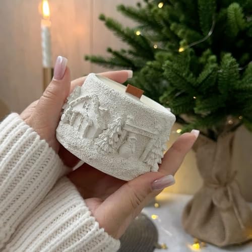 Image of Winter Wonderland Scented Candle, White Ceramic Holder with Snow Village Relief Design, Christmas Holiday Decor