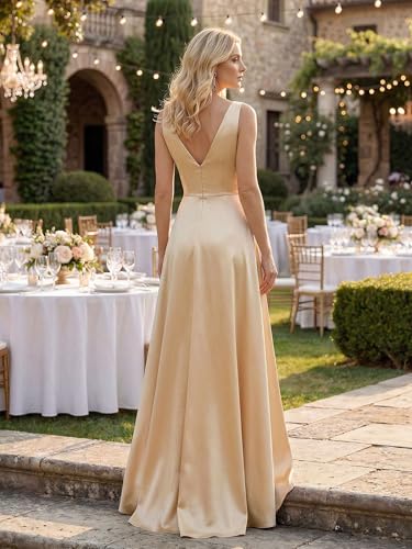 Image of Ever-Pretty Women's Summer Satin V Neck Formal Wedding Guest Dress Floor Length Empire Waist Bridesmaid Dresses with Pockets