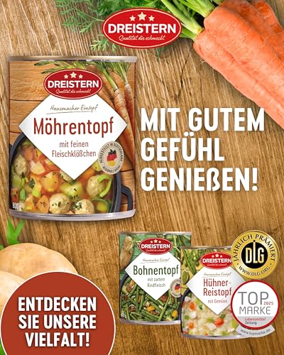 DREISTERN Möhreneintopf 800g I Mit Fleischbällchen & Gemüse I Herzhafter Eintopf in recyclebarer Konservendose I Lange Haltbarkeit dank natürlicher Konservierung I Hausmacher Qualität
