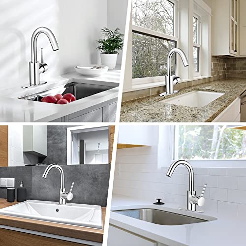 Phichi Bar Faucet Chrome, 1 Or 3 Hole Single Handle Stainless Steel Gooseneck Sink Faucets For Bathroom Bath Outdoor With Hot & Cold Water Supply Lines #TOP5