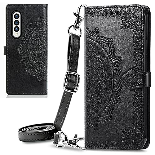 Futanwei Mandala Flip Wallet Cases for Samsung Galaxy Z Fold 3 Case + Crossbody Strap Lanyard, Galaxy Z Fold 3 Crossbody Case, Embossed Mandala Pattern Women's Wallet Case with Card Holder, Black