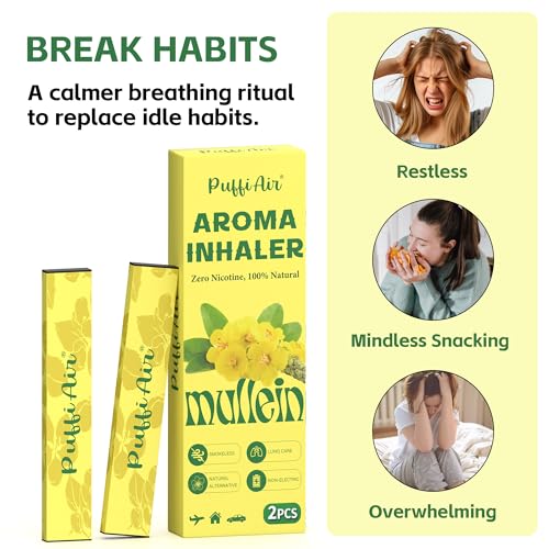 Image of PUFFIAIR Mullein Herbal Air Inhaler | with Mullein Flower & Leaf Extract for Lung Care, Craving & Stress Relief | Nicotine-Free, Smokeless Inhalers & Non-Electric, Usable Anywhere - 2 Pcs