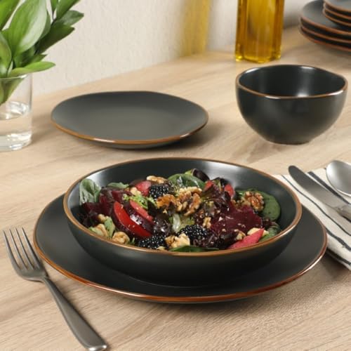 Image of Gibson Home Hazeltine 16-Piece Black Stoneware Dinnerware Set - Plates and Bowls, Durable Ceramic Kitchen Dinner Set