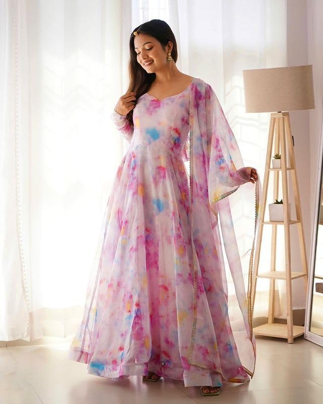 Image of Elegant Pastel Multicolor Printed Anarkali Gown with Sheer Dupatta - Flowy Ethnic Women | Soft Organza Dress Festive Wedding Special Occasions