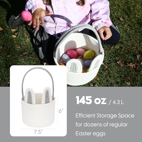 Sea Team Easter Bunny Basket for Eggs Hunt, Easter Eggs Bucket, Small Woven Cotton Rope Tote Bag with Rabbit Ears & Fluffy Tail for Kids, Easter Days Decoration, Party, Holidays, Gray by Sea Team - Image 3