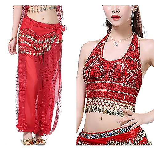 Image of VRITRAZ Women's Chiffon Belly Dance Chiffon Top, Harem Pants and Hip Scarf Ringy Golden Coins Fancy Pants