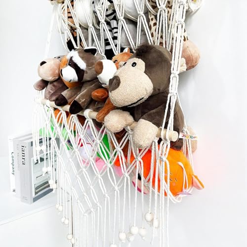 Image of Waterlily House - Organizer Mesh, Bohemian Net Organizer, Stuffed, Toy Storage Hammock, Rainbow Stuffed Animal Hammock Macrame for Toy Storage. (Offwhite - One Layer)