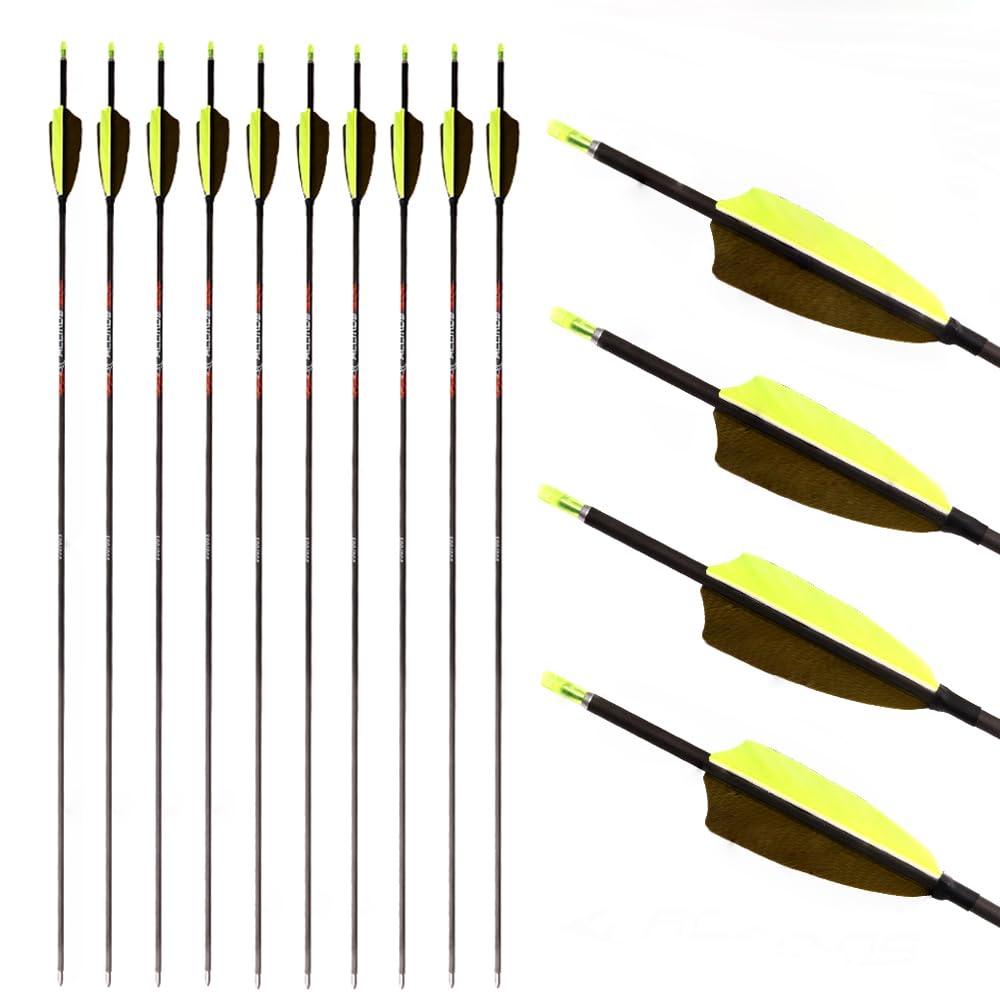 12 pcs ID 4.2 mm Hunting Arrows with Yellow Army Green Turkey Feather Spine 300 350 400 500 600 700 800 900 1000 1100 1300 1500 1800, for Youth Adults Archery Practice & Hunting (29inch,Spine 900)