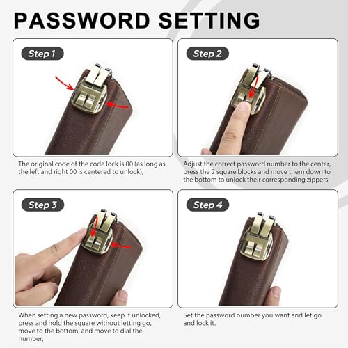 Image of Top Grain Genuine Leather Zipper Clutch Wristlet Wallet for Man & Woman, Handmade, Multi Slots & Pockets & Combination Lock, RFID Large Capacity for Cards /Checks /Passports /Phone /Pen /AirTag, Red Coffee