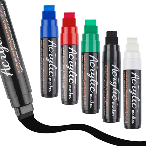 Svalor 15mm Acrylstifte Breit 5 Pcs Graffiti Stift Bunt Acrylmarker Keilspitze Permanent Marker Dicke Spitze Wasserfest Graffiti Stifte zum Bemalen Holz Glas Metall Karton Kunststoff