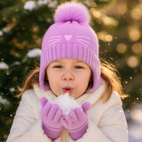 Girls Winter Hat and Gloves Set, Kids Cat Embroidered Knit Beanie with Earflaps Fleece Lined Pom Pom Ski Cap for 2-10Y2